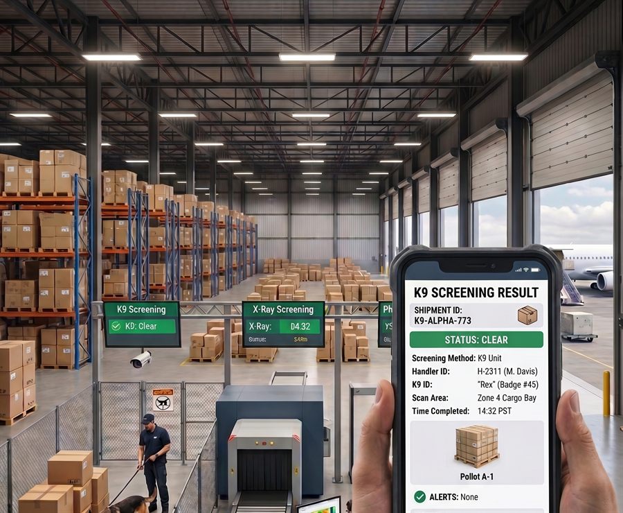 Cargo Screening Suite - K9, X-ray and physical screening in a warehouse with a handheld showing a K9 screening result