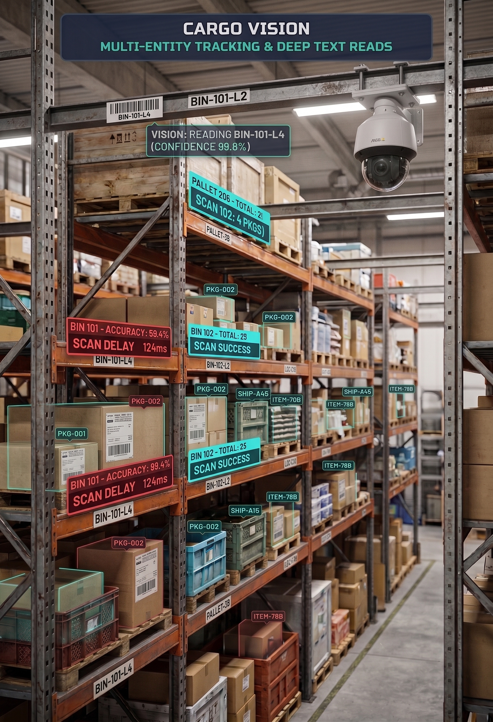 Cargo Vision - AI multi-entity tracking and deep text reads across warehouse racks with a ceiling camera