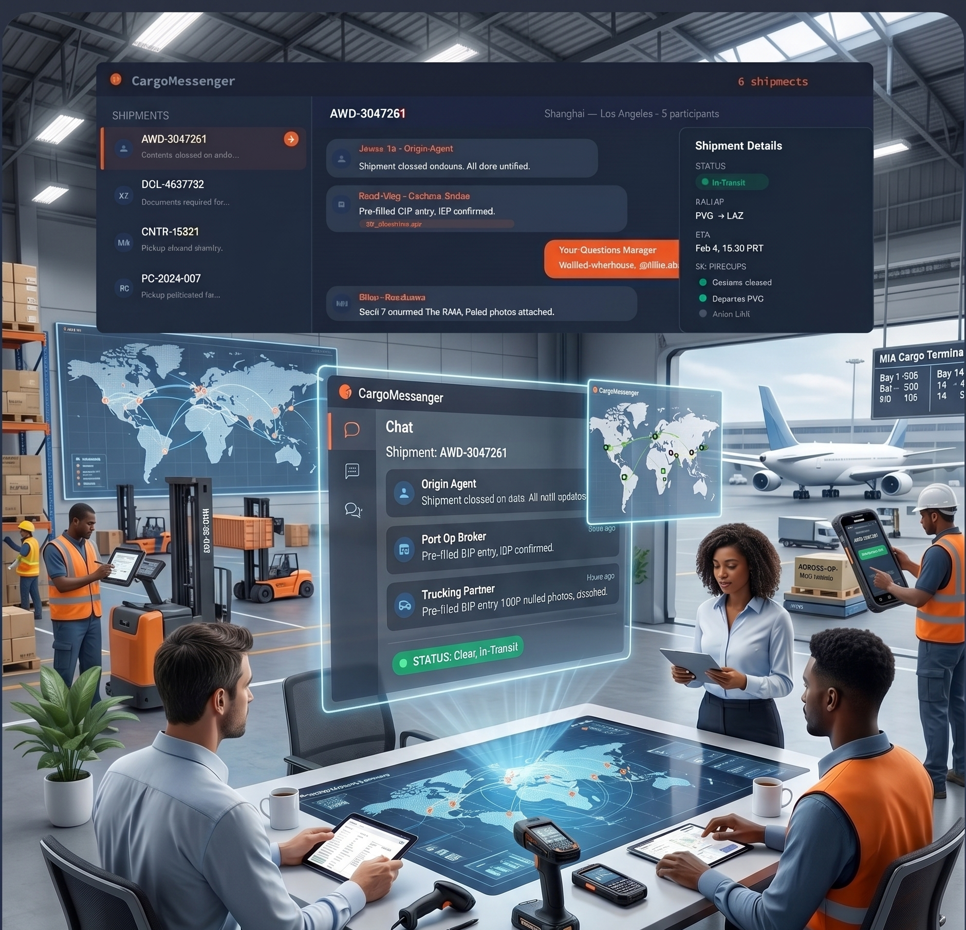 CargoMessenger - shipment collaboration across freight teams with chat, live tracking, and handheld scanning in a warehouse