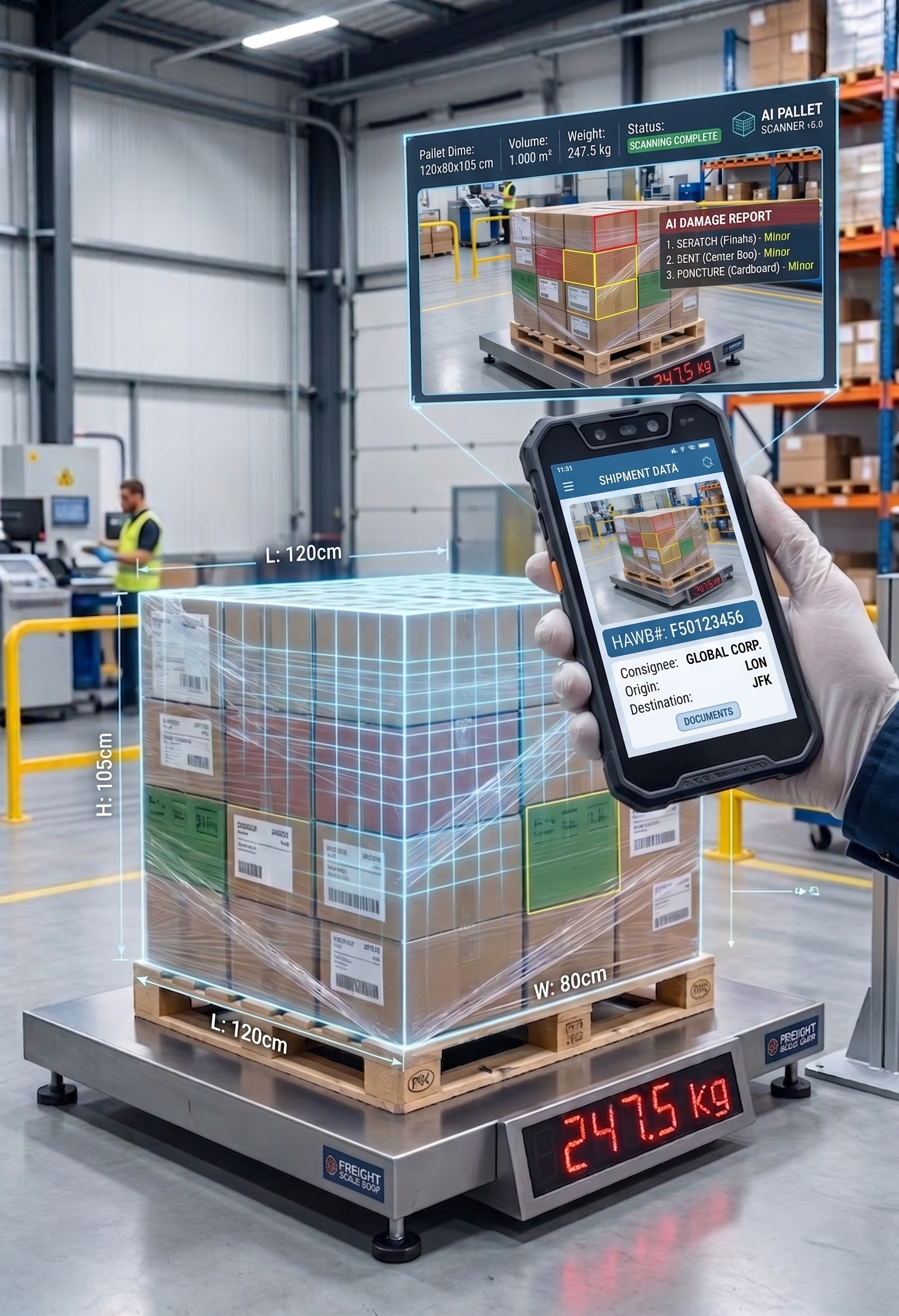Dimensioning & Weighing - AI pallet scanner measuring dimensions and weight on a freight scale with results on a handheld device