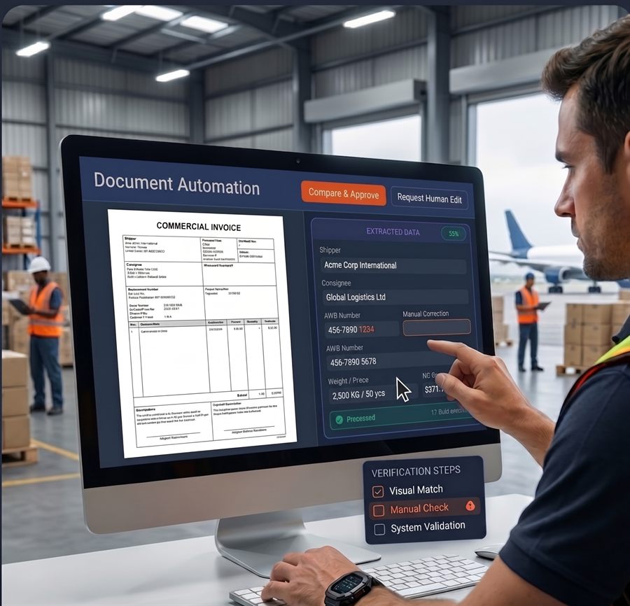 Document Intelligence - AI extracting and verifying data from a commercial invoice with confidence scoring and human-in-the-loop correction