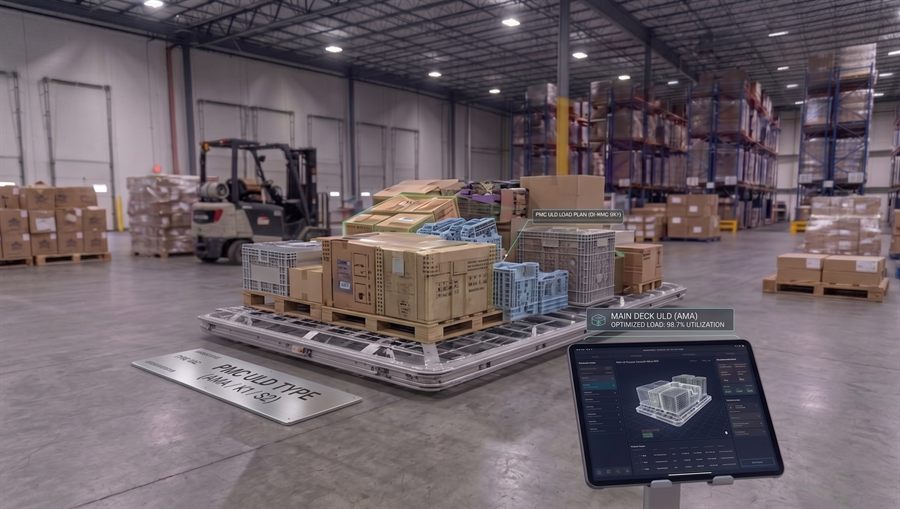 3D Load Optimizer - tablet showing 3D load plan visualization over a built air cargo pallet in a warehouse