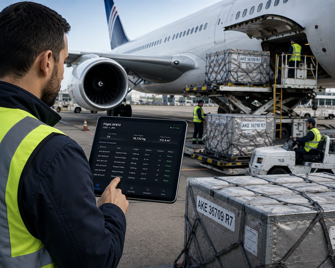 Airlines & Ground Handlers - ramp agent with a tablet ULD load plan beside an aircraft being loaded with air cargo pallets
