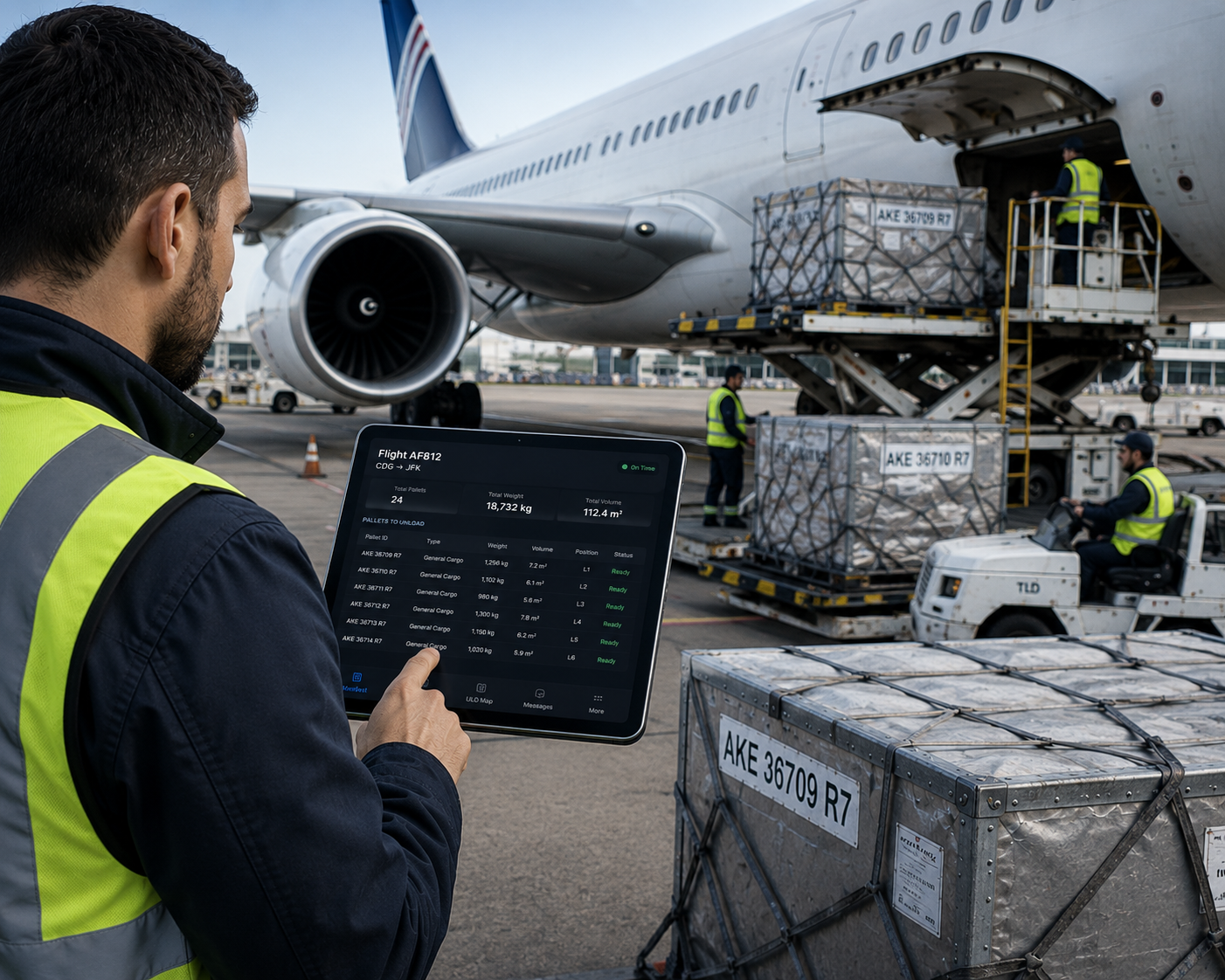 Airlines & Ground Handlers - ramp agent with a tablet ULD load plan beside an aircraft being loaded with air cargo pallets