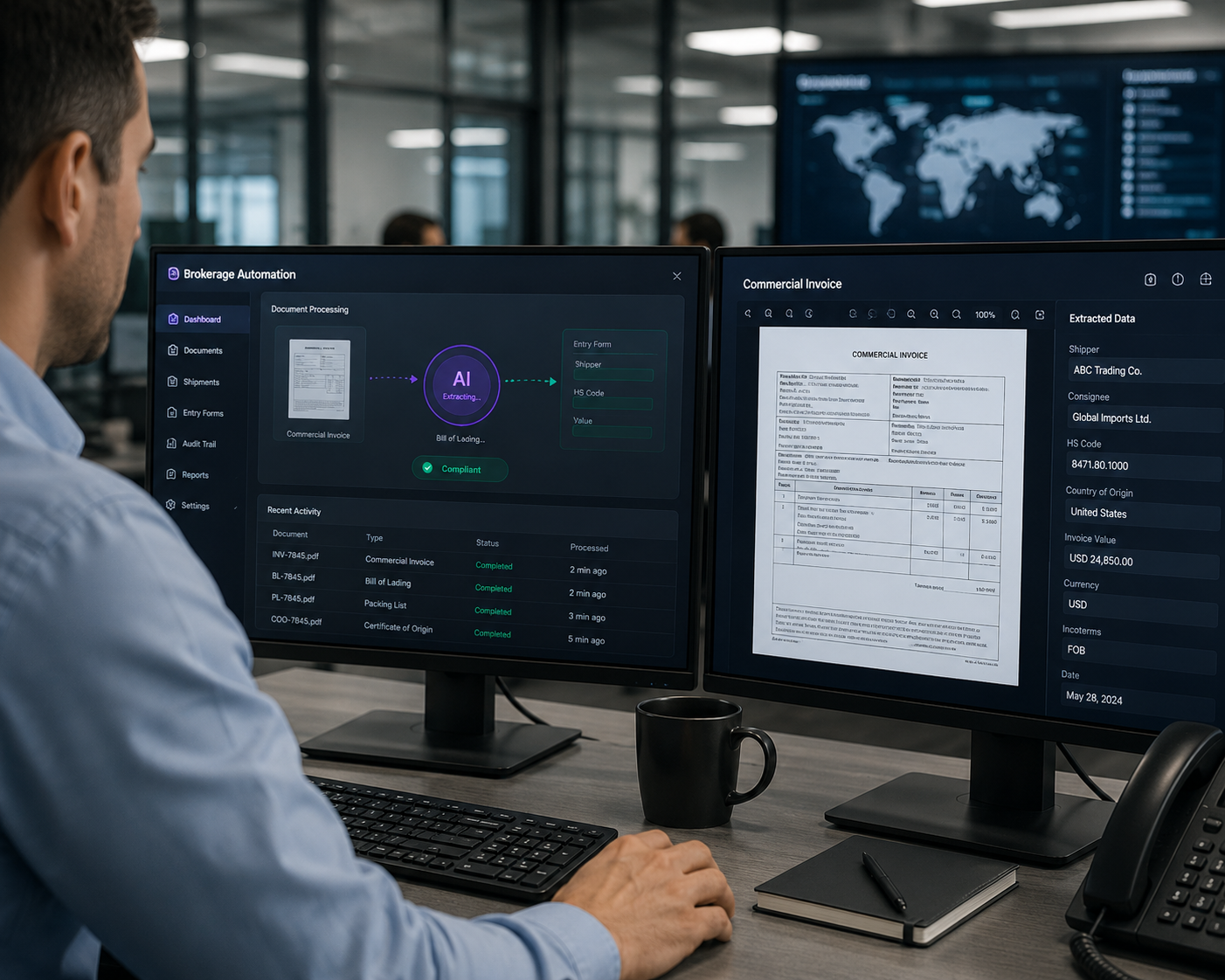 Customs Brokerage Automation - broker at a dual-monitor workstation with AI document processing extracting data from a commercial invoice and entry forms