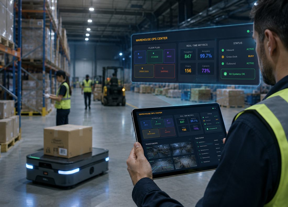 Warehouse Operators - operator using a tablet Warehouse Ops Center with real-time metrics beside an autonomous mobile robot in a warehouse