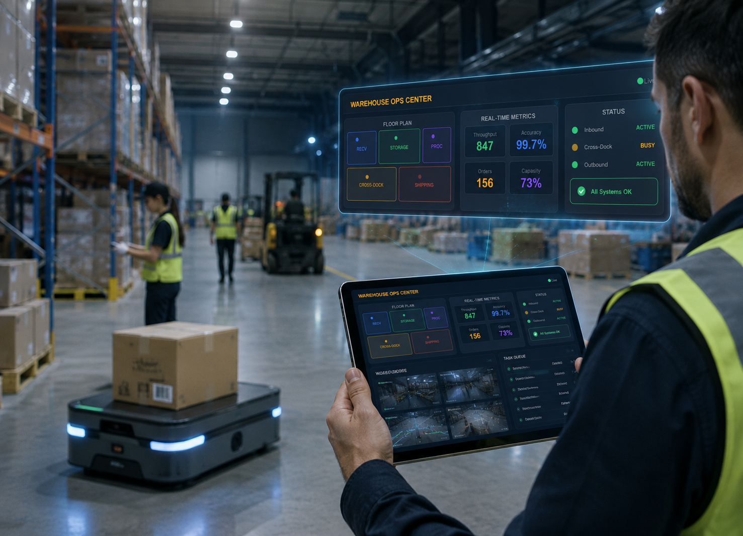Warehouse Operators - operator using a tablet Warehouse Ops Center with real-time metrics beside an autonomous mobile robot in a warehouse